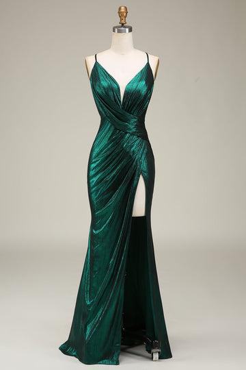 Hot Mermaid Spaghetti stropper Dark Green Long Prom kjole med åpen rygg